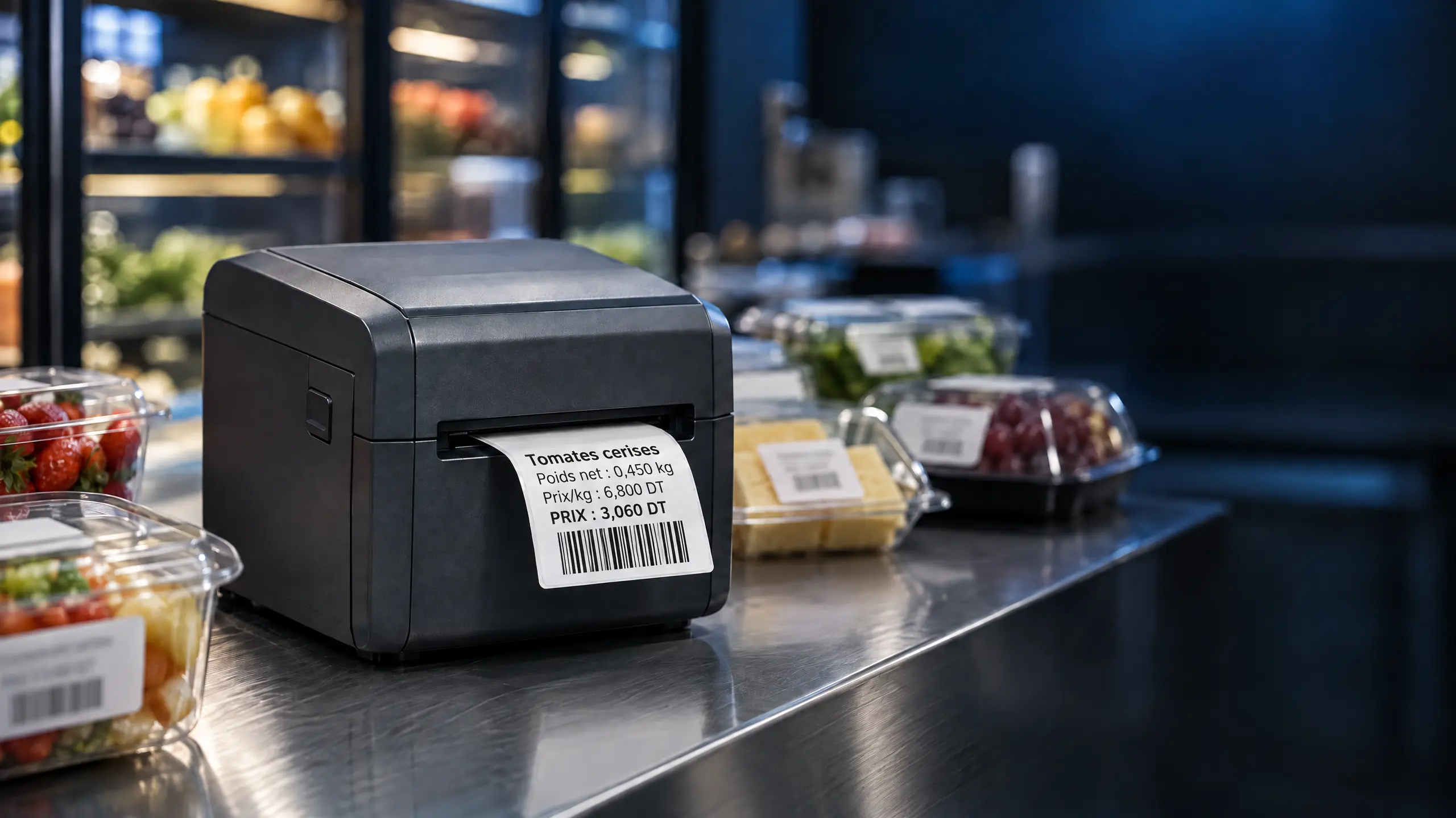 Imprimante d'étiquettes thermique imprimant une étiquette poids-prix en commerce